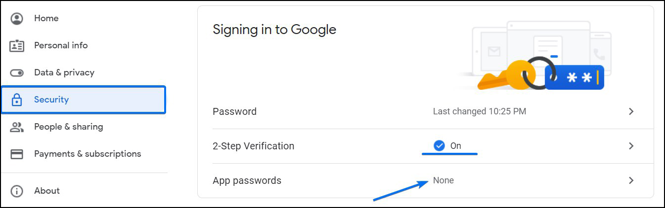 Security settings for Google app passwords as integrated in our all-in-one small business software
